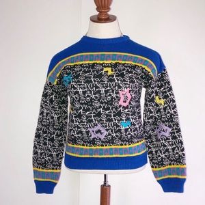 Vtg Funky Sweater Kawaii Shapes Fairy Kei Blue